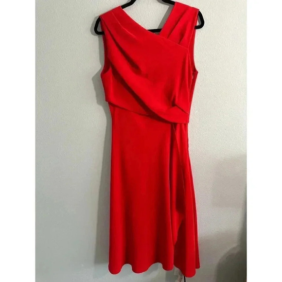 Iris & Ink Asymmetrical Waistline Reddish Orange Dress 14 - Picture 7 of 12